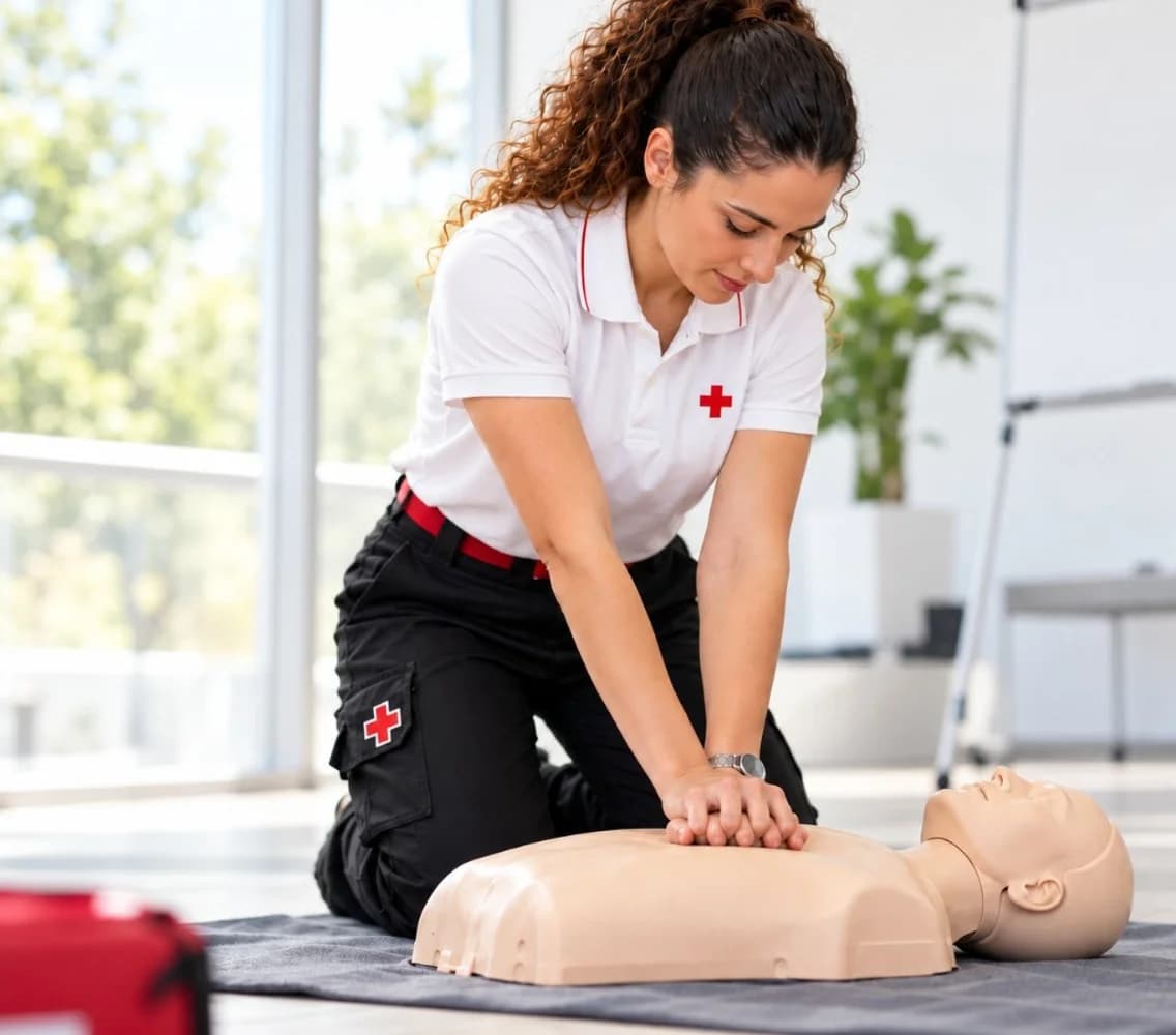 Malta Red Cross instructor practising chest compressions on a CPR training mannequin